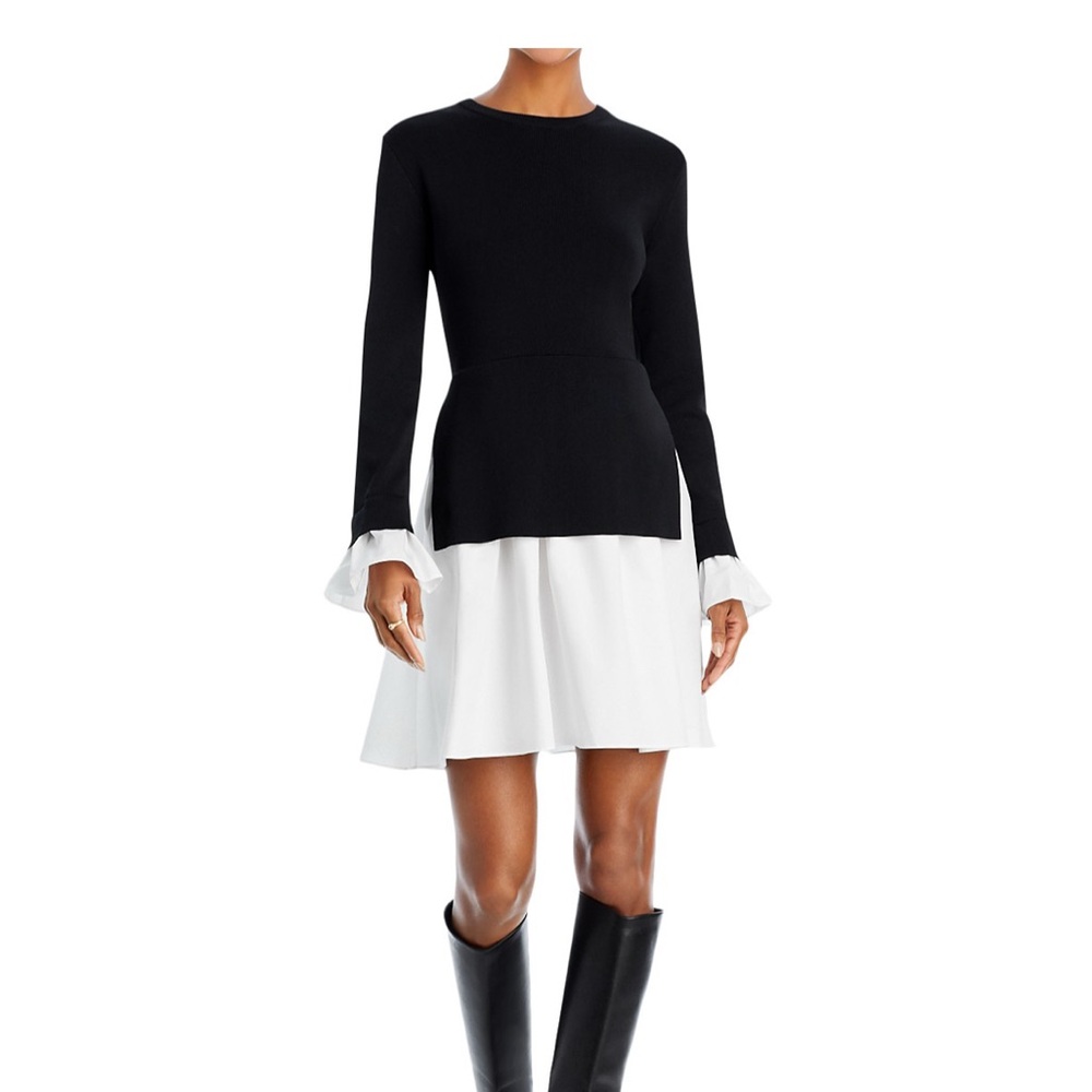 English Factory Black and White A-Line Dress with Bishop Sleeves